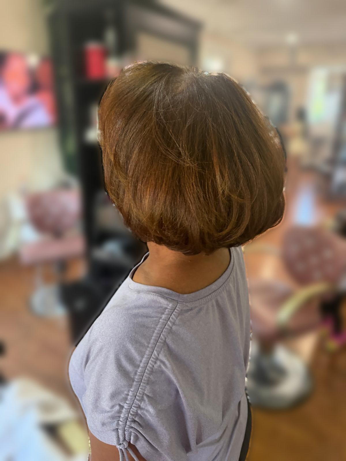 Glossy copper bob with soft rounded ends, finished at La Bella